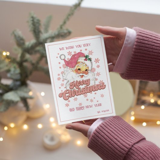 Vrolijk Kerstmis Retro Typografie Santa Roze Pet Kaart