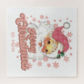 Vrolijk Kerstmis Retro Typografie Santa Roze Pet Legpuzzel (Horizontaal)