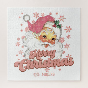 Vrolijk Kerstmis Retro Typografie Santa Roze Pet Legpuzzel