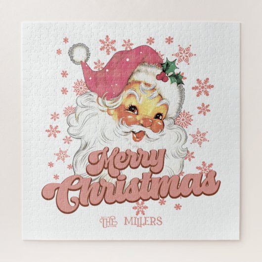 Vrolijk Kerstmis Retro Typografie Santa Roze Pet Legpuzzel (Verticaal)