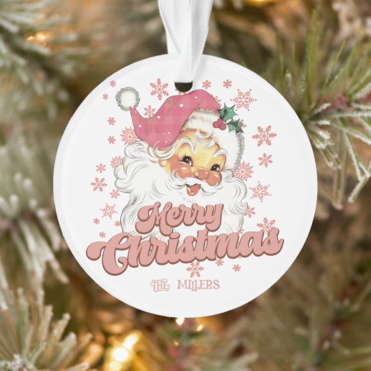 Vrolijk Kerstmis Retro Typografie Santa Roze Pet Ornament (Boom)