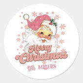 Vrolijk Kerstmis Retro Typografie Santa Roze Pet Ronde Sticker (Voorkant)