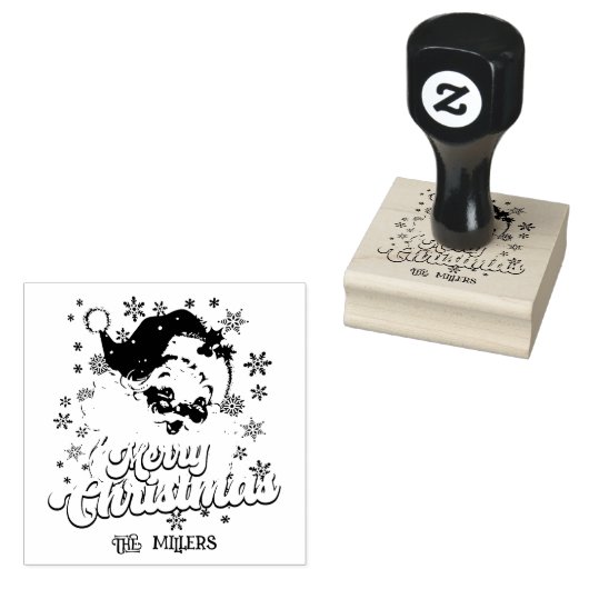 Vrolijk Kerstmis Retro Typografie Santa Roze Pet Rubberstempel (Gestempeld)