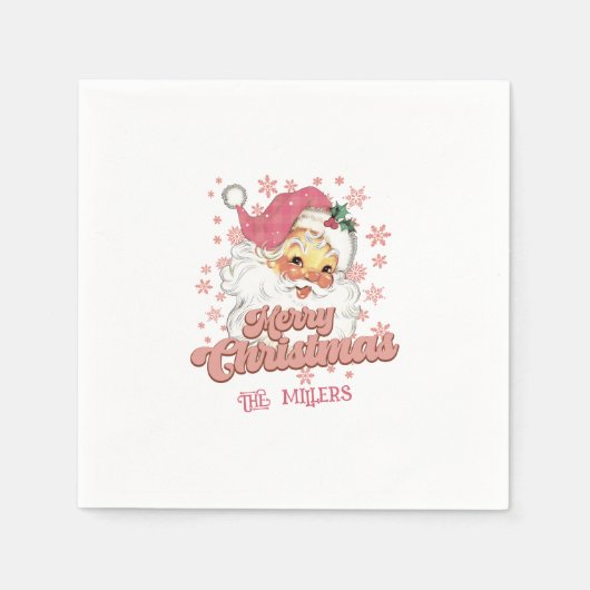 Vrolijk Kerstmis Retro Typografie Santa Roze Pet Servet (Voorkant)