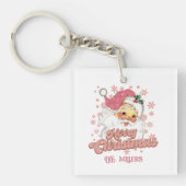 Vrolijk Kerstmis Retro Typografie Santa Roze Pet Sleutelhanger (Voorkant)