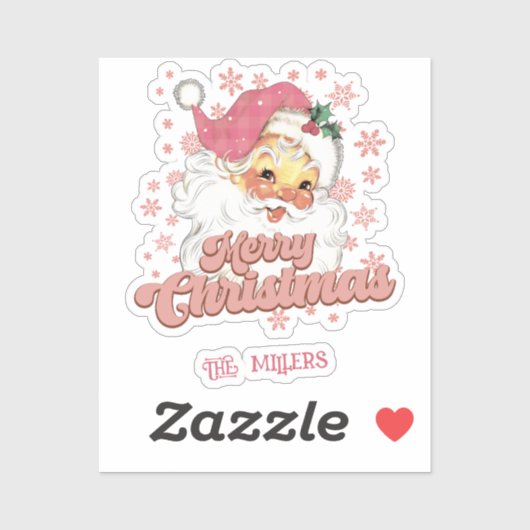 Vrolijk Kerstmis Retro Typografie Santa Roze Pet Sticker (Vel)