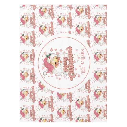 Vrolijk Kerstmis Retro Typografie Santa Roze Pet Tafelkleed (Voorkant)