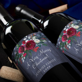 Vrolijk Kerstmis rode bloemige marine schuur famil Wijn Etiket