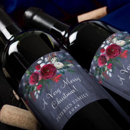 Vrolijk Kerstmis rode bloemige marine schuur famil Wijn Etiket