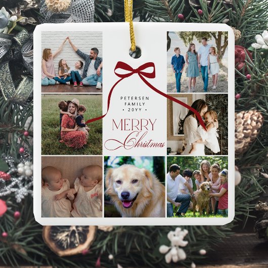 Vrolijk Kerstmis rode boog aangepaste foto collage Keramisch Ornament