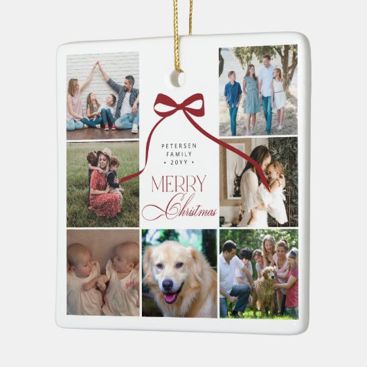 Vrolijk Kerstmis rode boog aangepaste foto collage Keramisch Ornament (Links)