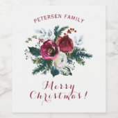 Vrolijk Kerstmis rode en groene bloemige familiena Wijn Etiket (Enkel label)