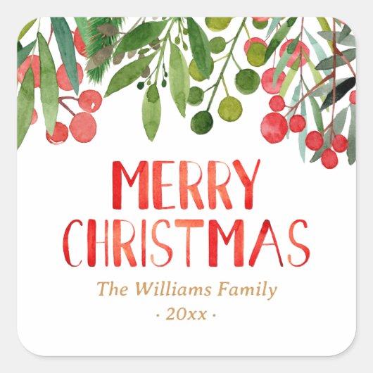 Vrolijk Kerstmis Rode en Groene Familie Vierkante Sticker (Voorkant)