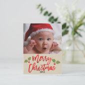 Vrolijk Kerstmis Rode Folie Modern Script Foto Feestdagenkaart (Staand voorkant)