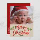 Vrolijk Kerstmis Rode Folie Modern Script Foto Feestdagenkaart (Voorkant / Achterkant)