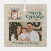 Vrolijk Kerstmis rode foto beige jute geschenkdoos Glas Ornament (Voorkant)