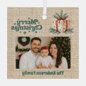 Vrolijk Kerstmis rode foto beige jute geschenkdoos Glas Ornament (Achterkant)