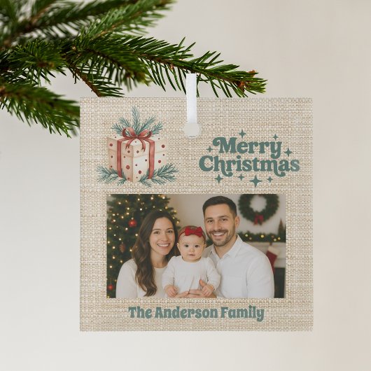 Vrolijk Kerstmis rode foto beige jute geschenkdoos Glas Ornament