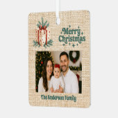 Vrolijk Kerstmis rode foto beige jute geschenkdoos Metalen Ornament (Voorkant links)