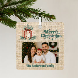 Vrolijk Kerstmis rode foto beige jute geschenkdoos Metalen Ornament