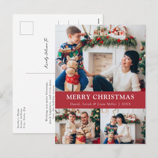 Vrolijk Kerstmis Rode Foto Collage Briefkaart (Voorkant / Achterkant)