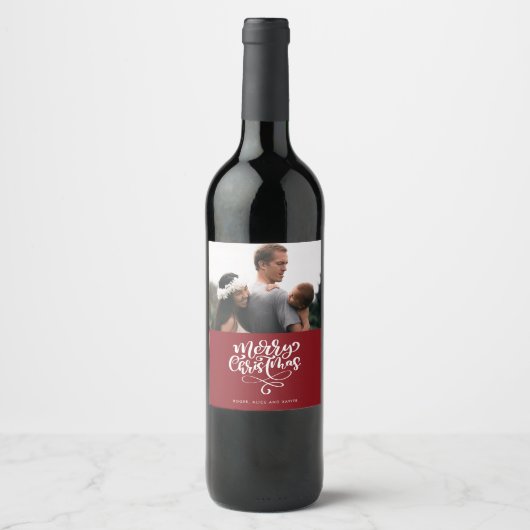 Vrolijk Kerstmis Rode Foto Kerstmis Wijn Etiket (Voorkant)