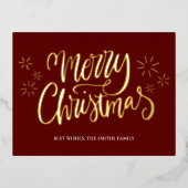 Vrolijk Kerstmis Rode Gouden Kalligrafie Niet Foto Folie Feestdagen Briefkaart (Voorkant)