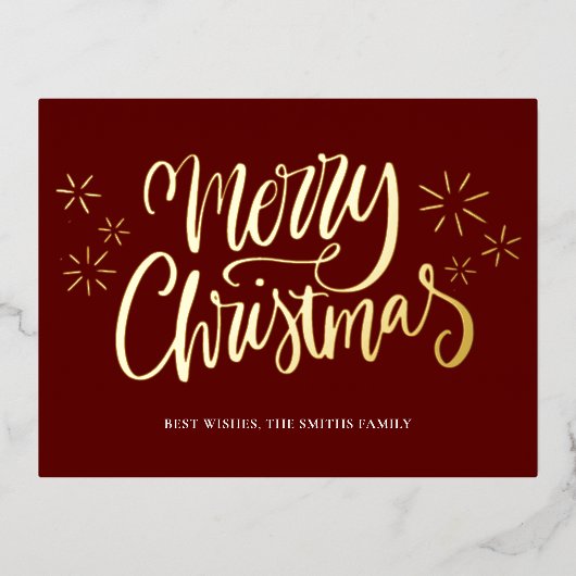Vrolijk Kerstmis Rode Gouden Kalligrafie Niet Foto Folie Feestdagen Briefkaart (Voorkant)