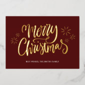 Vrolijk Kerstmis Rode Gouden Kalligrafie Niet Foto Folie Feestdagenkaart (Voorkant)