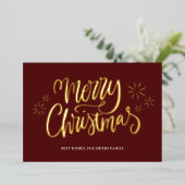 Vrolijk Kerstmis Rode Gouden Kalligrafie Niet Foto Folie Feestdagenkaart (Staand Voorkant)