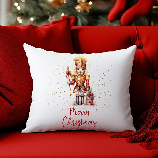 Vrolijk Kerstmis Rode Gouden Notenkraker Kussen (Merry Christmas Red Gold Nutcracker Throw Pillow)