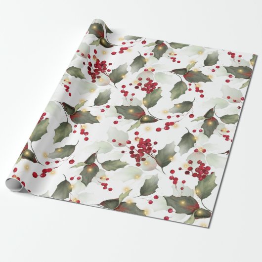 Vrolijk Kerstmis Rode Holly Bessen Gouden Lichten Cadeaupapier (Uitgerold)