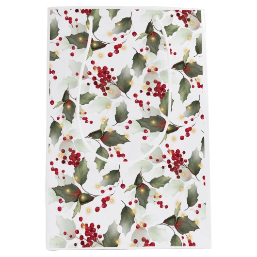 Vrolijk Kerstmis Rode Holly Bessen Gouden Lichten Medium Cadeauzakje (Voorkant)