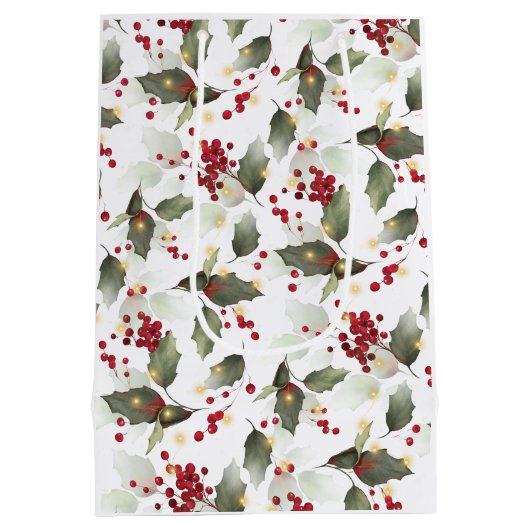 Vrolijk Kerstmis Rode Holly Bessen Gouden Lichten Medium Cadeauzakje (Achterkant)