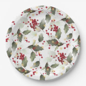 Vrolijk Kerstmis Rode Holly Bessen Gouden Lichten Papieren Bordje (Voorkant)