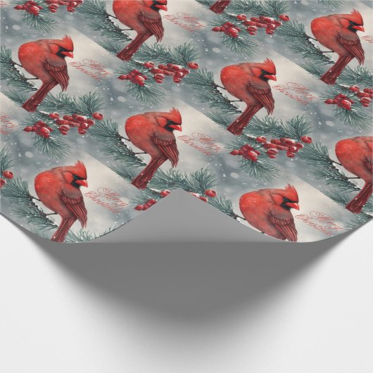 Vrolijk Kerstmis Rode Kardinaal en Bessen Cadeaupapier (Hoek)