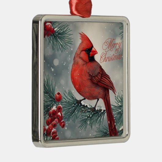 Vrolijk Kerstmis Rode Kardinaal en Bessen Metalen Ornament (Rechts)