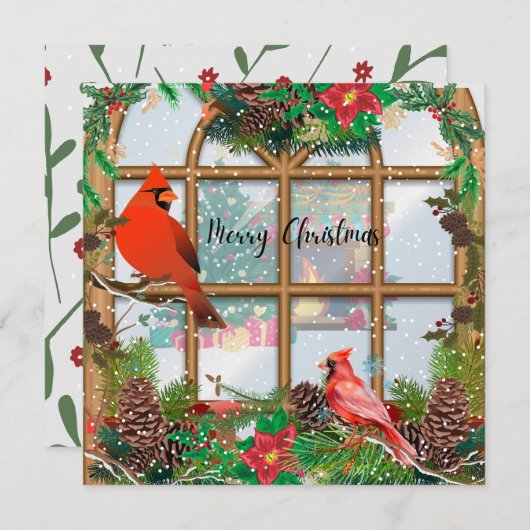 Vrolijk Kerstmis Rode Kardinalen op Venster takken Feestdagenkaart (Voorkant / Achterkant)