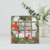 Vrolijk Kerstmis Rode Kardinalen op Venster takken Feestdagenkaart (Staand voorkant)