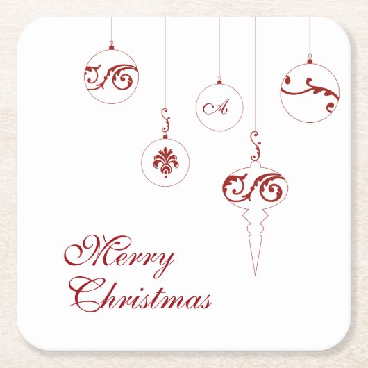 Vrolijk Kerstmis Rode Monogram Bauble Ornamenten Kartonnen Onderzetters (Voorkant)
