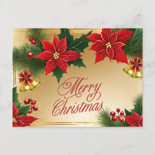 Vrolijk Kerstmis Rode Poinsettia Bloemen, Bells Feestdagenkaart