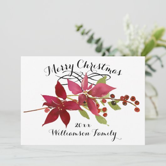 Vrolijk Kerstmis Rode Poinsettia Bloemen Naam Feestdagenkaart (Staand voorkant)