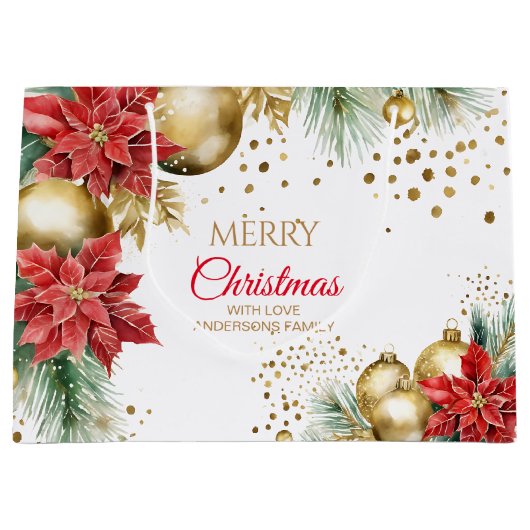 Vrolijk Kerstmis rode poinsettia gouden balletjes Groot Cadeauzakje (Voorkant)