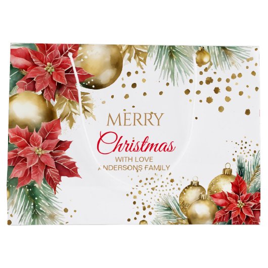 Vrolijk Kerstmis rode poinsettia gouden balletjes Groot Cadeauzakje (Achterkant)