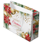 Vrolijk Kerstmis rode poinsettia gouden balletjes Groot Cadeauzakje (Voorkant Gekanteld)