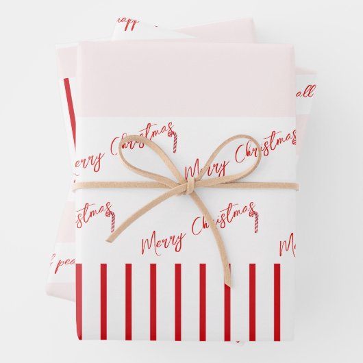 Vrolijk Kerstmis Rode Strepen & Zacht Roze Inpakpapier Vel (In situ)