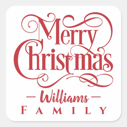 Vrolijk Kerstmis Rode Typografie Familienaam Vakan Vierkante Sticker (Voorkant)