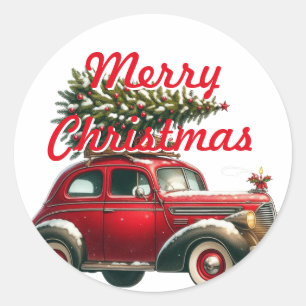 Vrolijk Kerstmis Rode Vintage Auto Kerstboom Ronde Sticker