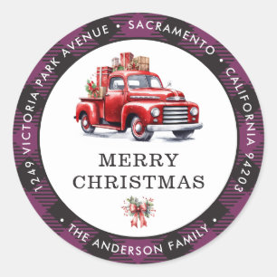 Vrolijk Kerstmis Rode Vrachtwagen Plaid Retouradre Ronde Sticker