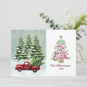 Vrolijk Kerstmis Rode Vrachtwagen Sneeuwscène Kers Kaart (Staand voorkant)